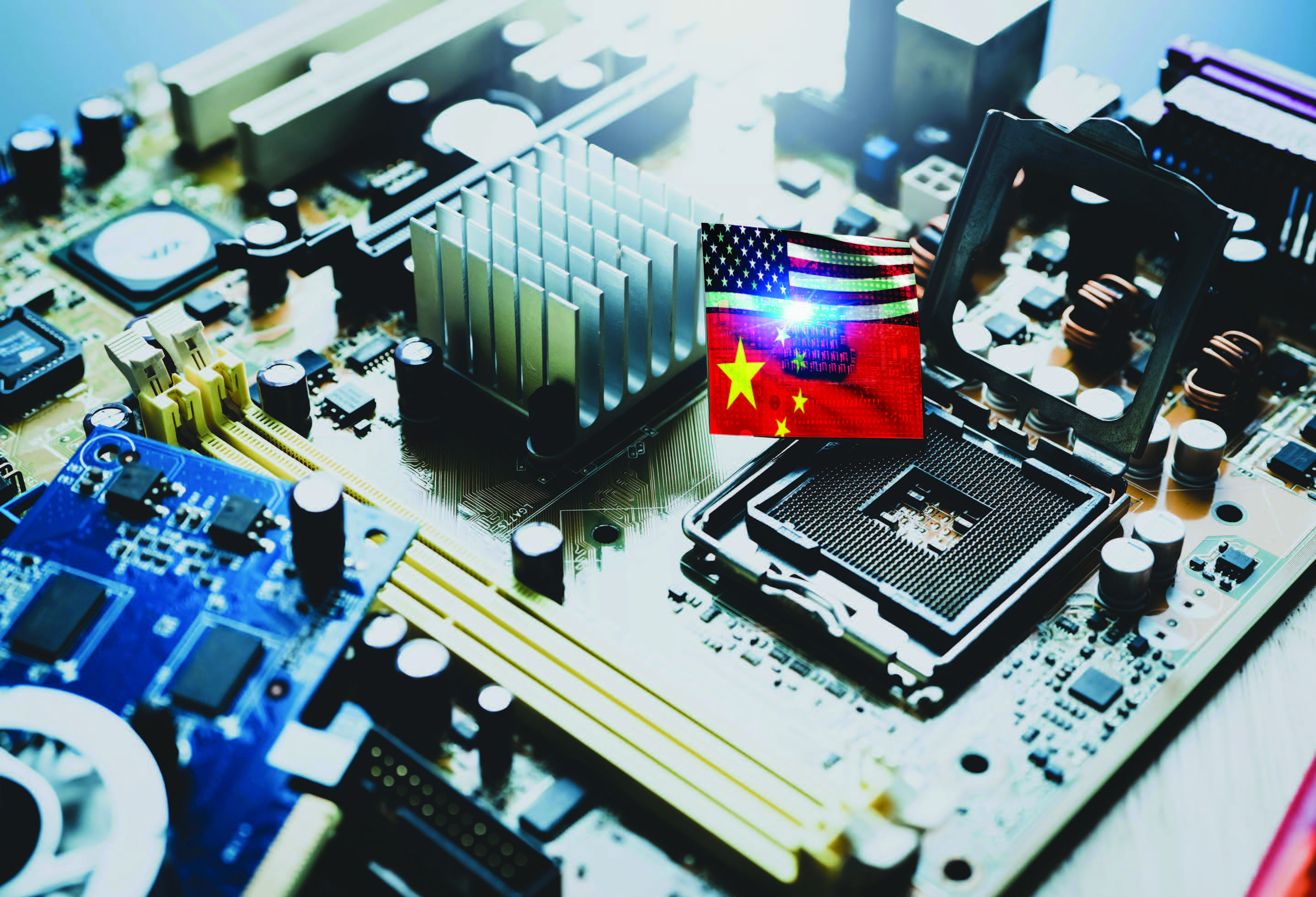 Illustration of global chip shortage crisis and U.S.-China trade war (Fahroni/Alamy)